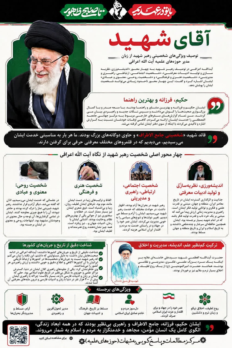 تصویر: توصیف ویژگی‌های شخصیتی رهبر شهید از زبان مدیر حوزه‌های علمیه آیت الله اعرافی